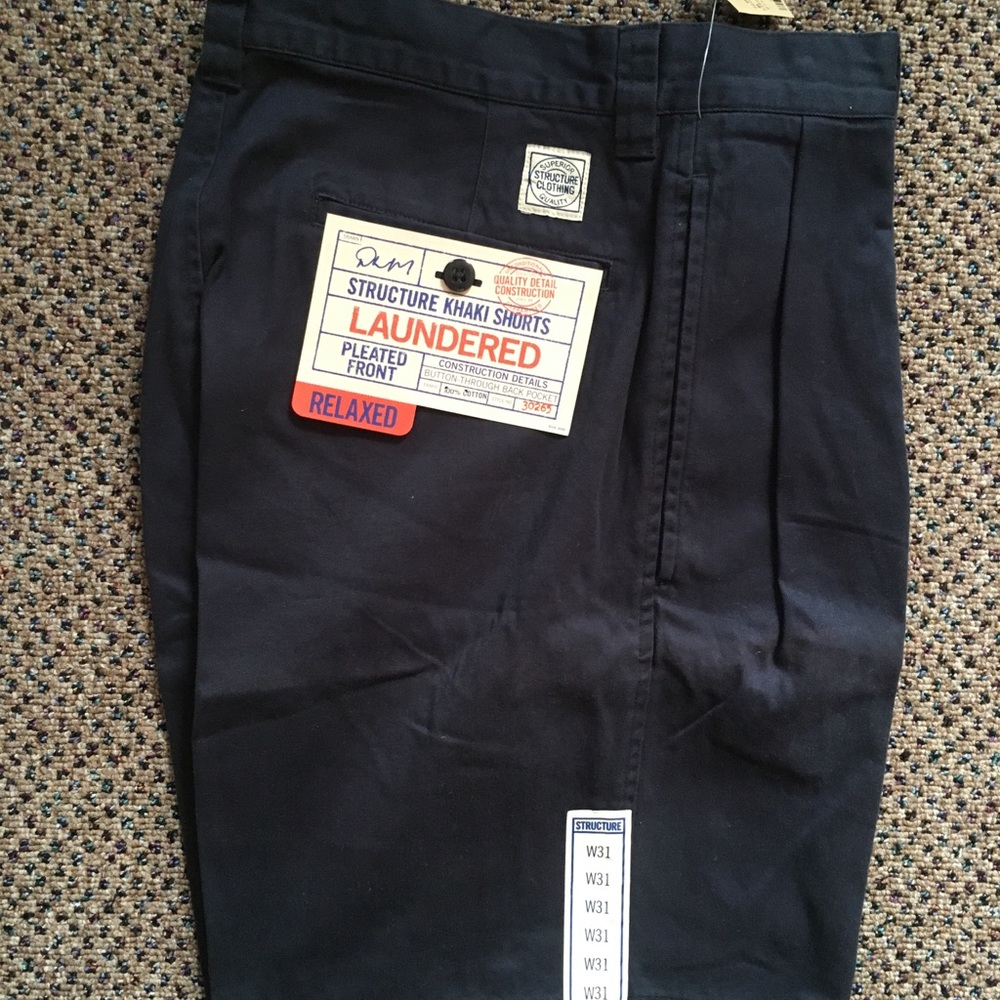 Structure khaki men’s shorts navy 31W pleated 100% cotton new nwt relaxed 25